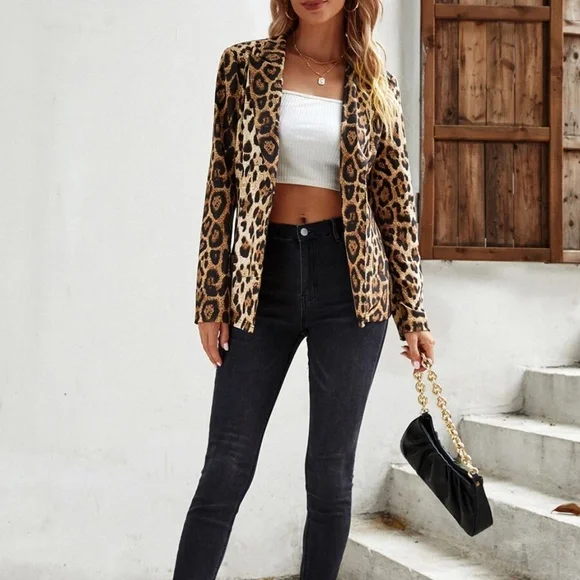 Camel Brown Leopard Print Button Up Blazer - Picture 2 of 5